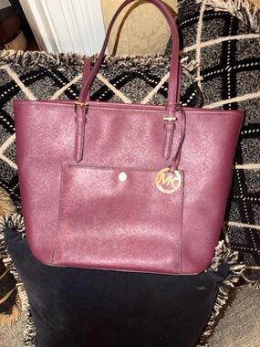 Michael Kors Wine Leather Tote with Gold Charm